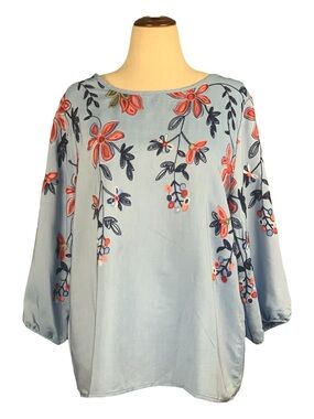 Ana & Rose Light Blue‎ Feminine Blouse Top Floral Embroidery Cottagecore Size XL